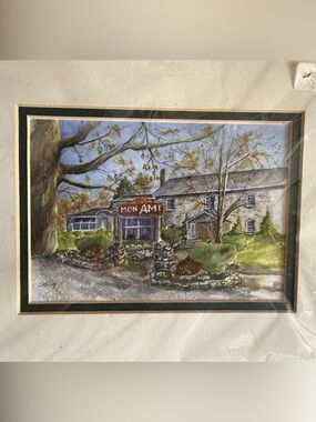 Vintage Framed Watercolor Print – “Mon Ami” Restaurant Scene – Signed G. Kelly